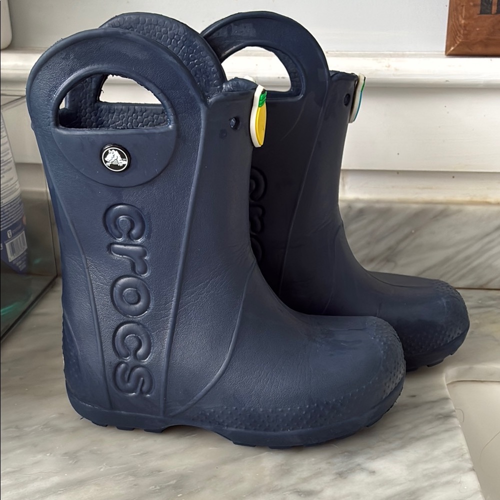 CROCS Kids Navy Blue Rain Boots with Yellow Accent